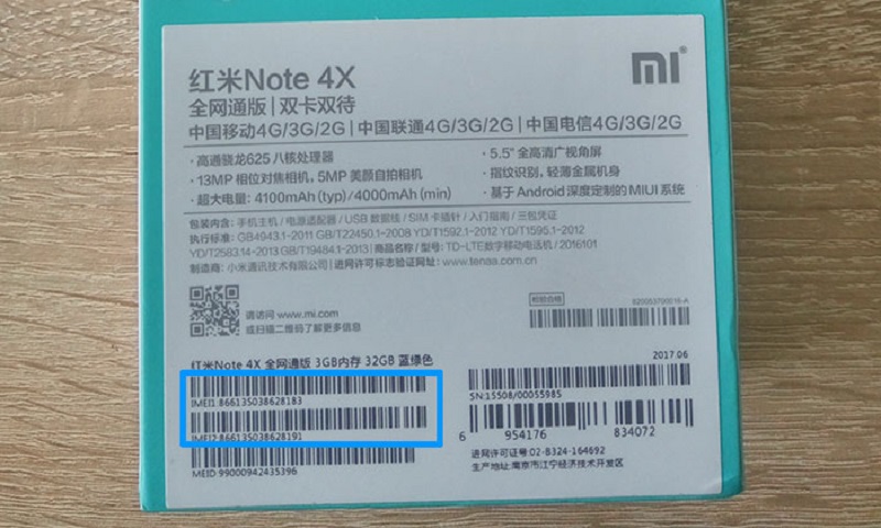 Nomor IMEI Xiaomi di kotak