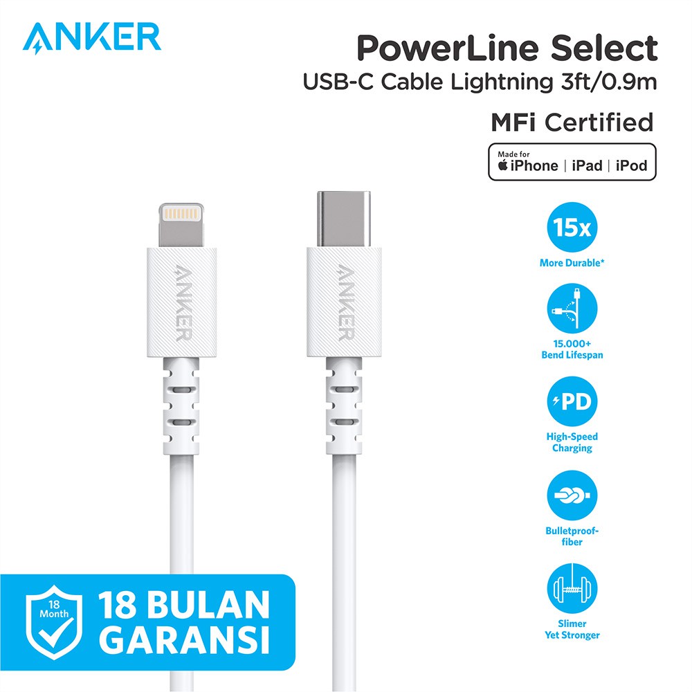 Anker PowerLine Select USB-C Cable with Lightning connector 3ft A8612 (sumber: shopee.co.id)